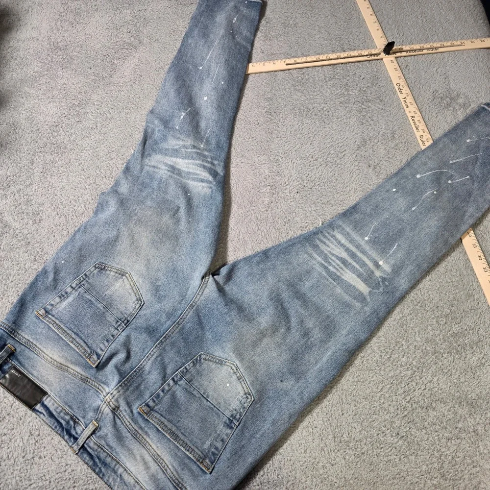 Amiri Mens 38x30 MX1 Jeans Blue Distressed Black Sequin Paint Splatter Slim Tapr
